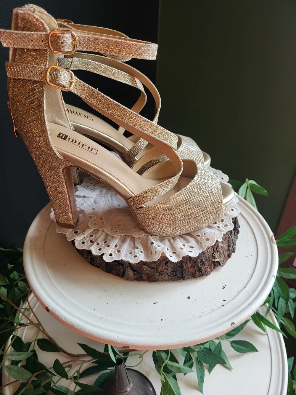 IDIFU Gold Glitter Platform Heels with Double Ankle Straps